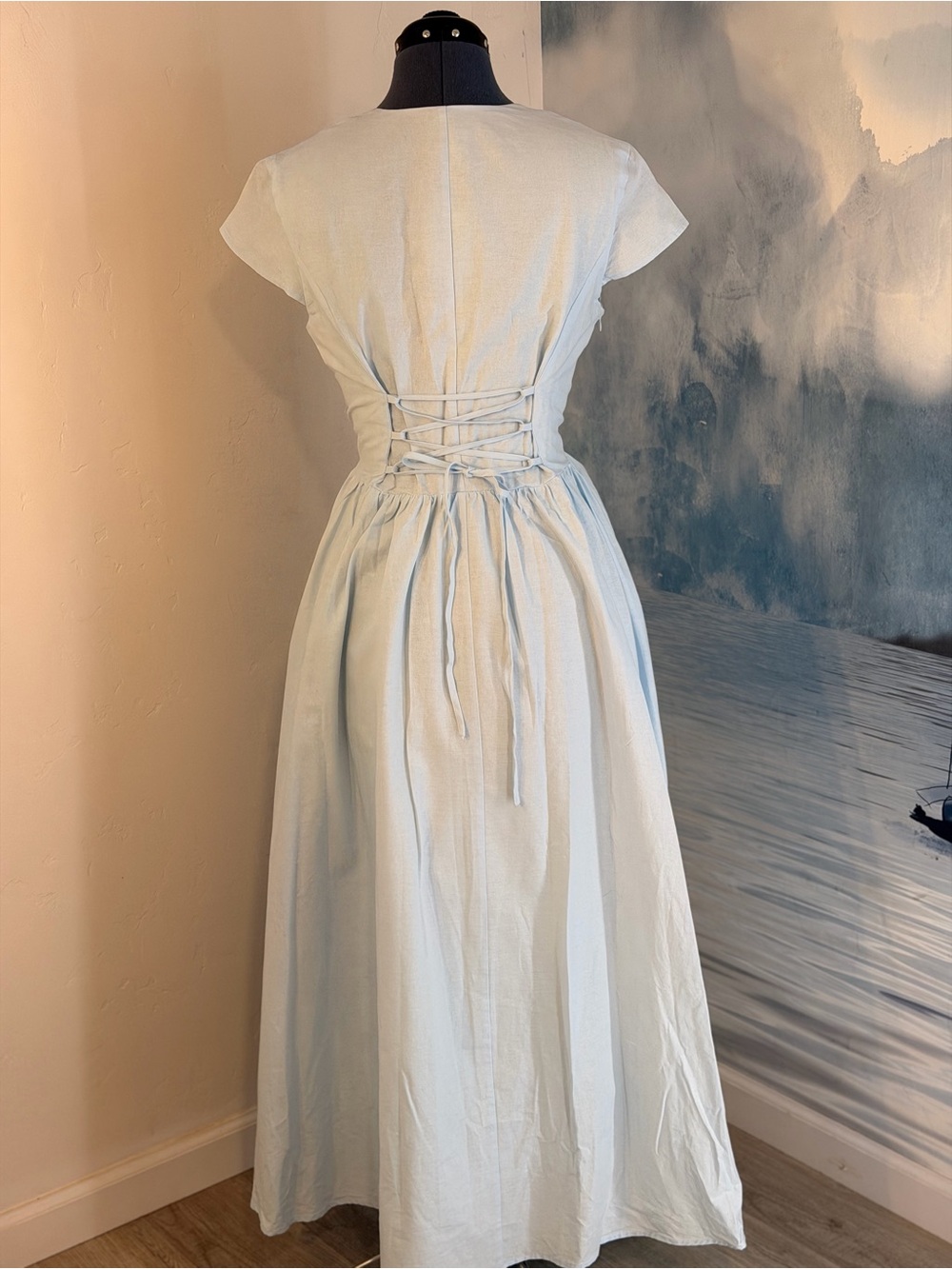 Light Blue w/ White Lace-Trim Tea Length Dress 149 - Picture 6 of 11